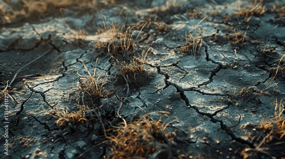 A detailed shot of a drought-affected area with dead vegetation and cracked ground.