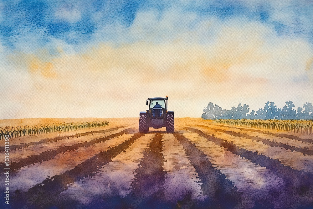 Fototapeta premium Silhouette of a tractor working through golden fields during a colorful sunset