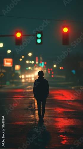 A lone figure walks under traffic lights in a rainy urban environment at night.