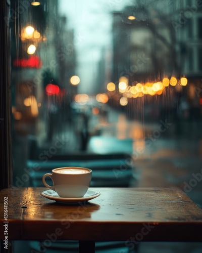 A warm cup of coffee on a rainy day, creating a cozy atmosphere.