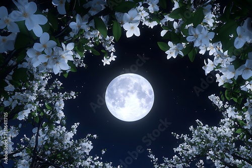 White blossoms frame the full moon in the night sky, suitable for nature-themed illustrations