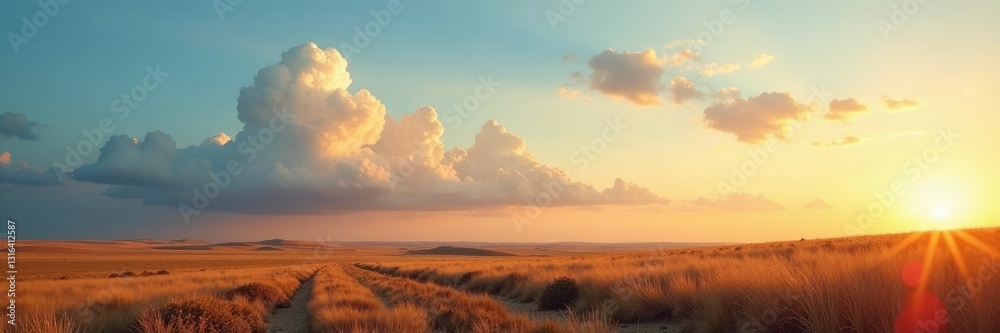 Fototapeta premium Grunge-inspired landscape with fluffy white clouds and pale blue sky at sunset, earthy tones, nature