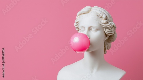Greek statue woman eating pink bubble gum, on isolated background 