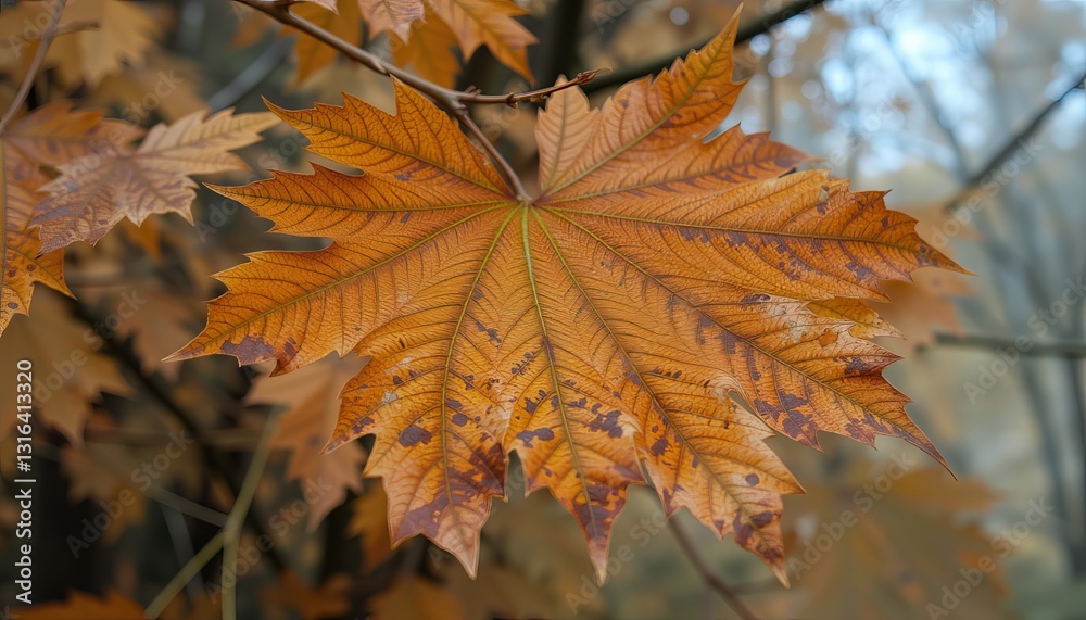 A large yellow maple leaf with brown spots and veins against a blurred background A large yellow maple leaf with brown spots and veins against a blurred background