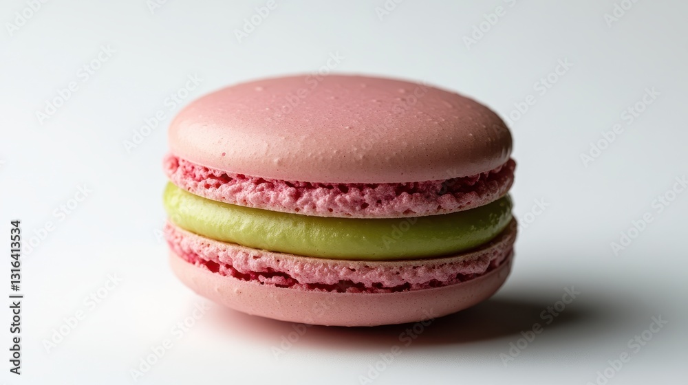 A vibrant, 3D macaron, its pink shell adorned with a verdant green swirl, stands proudly against a stark white backdrop in a side view. Its delicate texture and intricate details are captured in this A vibrant, 3D macaron, its pink shell adorned with a verdant green swirl, stands proudly against a stark white backdrop in a side view. Its delicate texture and intricate details are captured in this