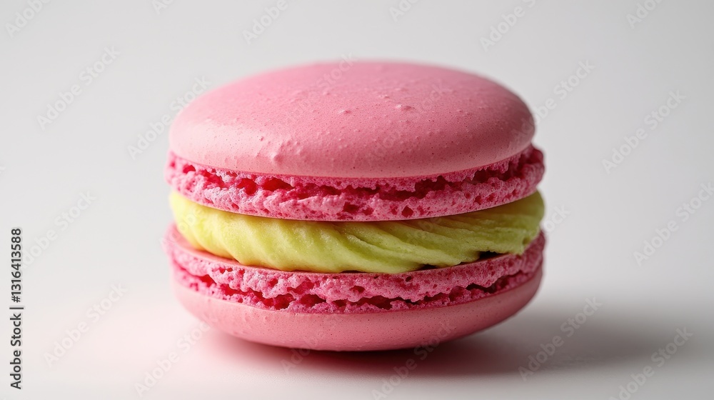 A vibrant, 3D macaron, its pink shell adorned with a verdant green swirl, stands proudly against a stark white backdrop in a side view. Its delicate texture and intricate details are captured in this A vibrant, 3D macaron, its pink shell adorned with a verdant green swirl, stands proudly against a stark white backdrop in a side view. Its delicate texture and intricate details are captured in this