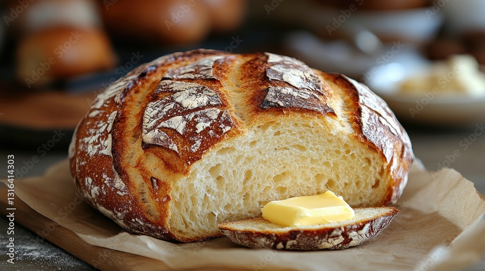 Freshly baked artisan sourdough bread with a slice showing a pat of butter on a rustic kitchen counter Freshly baked artisan sourdough bread with a slice showing a pat of butter on a rustic kitchen counter