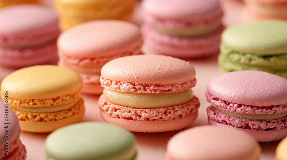 A vibrant display of macaroons in shades of pink, yellow, and green nestled harmoniously on a pristine light beige backdrop, ready to capture the attention of any dessert enthusiast. A vibrant display of macaroons in shades of pink, yellow, and green nestled harmoniously on a pristine light beige backdrop, ready to capture the attention of any dessert enthusiast.