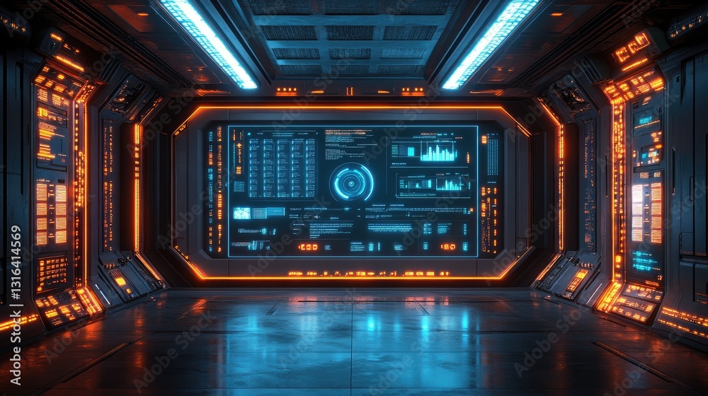 Futuristic control room featuring advanced technology displays with glowing interfaces and a high-tech atmosphere Futuristic control room featuring advanced technology displays with glowing interfaces and a high-tech atmosphere