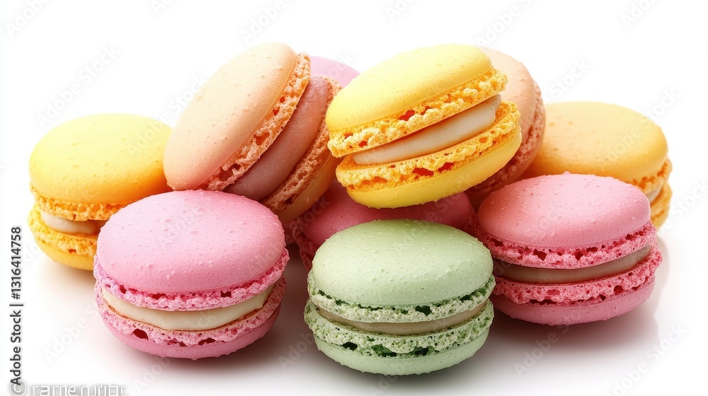 A vibrant display of pastel macaroons in pink, yellow, and emerald green, artfully arranged on a pristine white backdrop, promising a burst of sweetness and color. A vibrant display of pastel macaroons in pink, yellow, and emerald green, artfully arranged on a pristine white backdrop, promising a burst of sweetness and color.