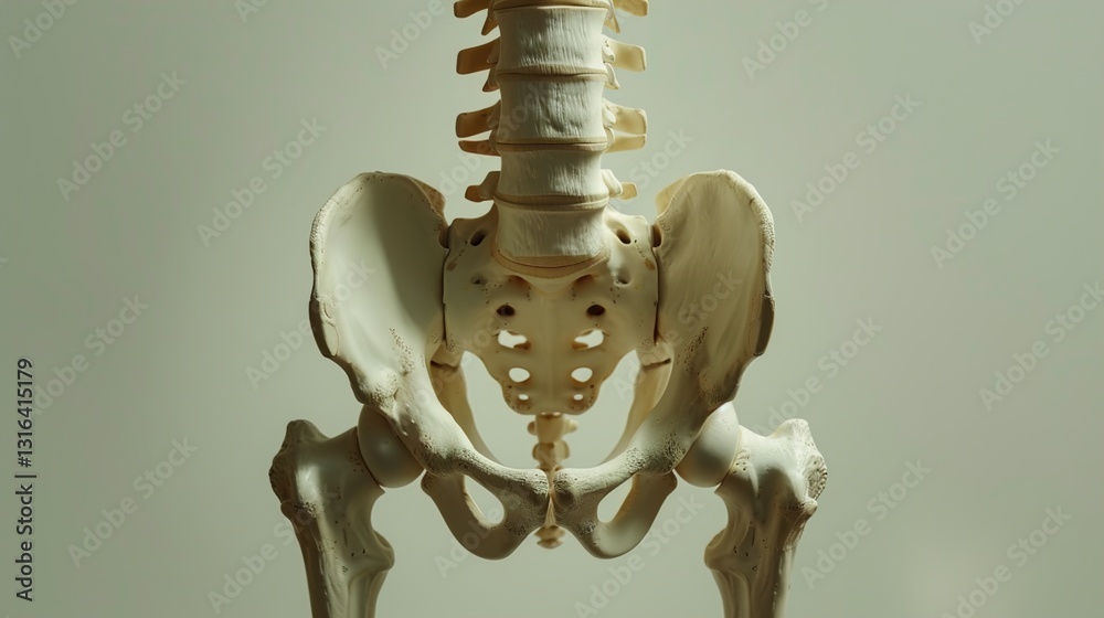 A detailed shot of a human pelvis model, showing the pelvic bones and joints, displayed against a solid background.