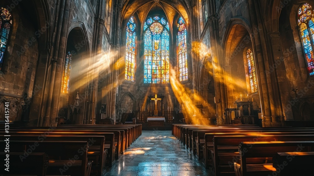Fototapeta premium Sunlight streams through stained glass windows in a historic church