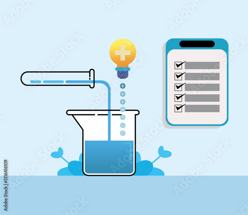 Illustration of an experiment in mixing blue liquid in a measuring container and the results