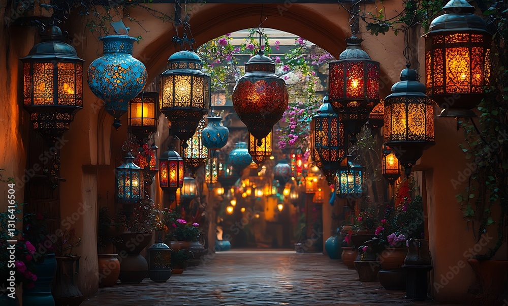 Obraz premium Lantern Lit Alley with Vibrant Flowers in an Enchanting Glow
