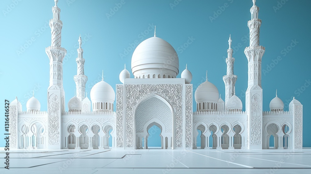Fototapeta premium White Mosque Front Facade, Islamic Architecture, Digital Rendering, Light Blue Background