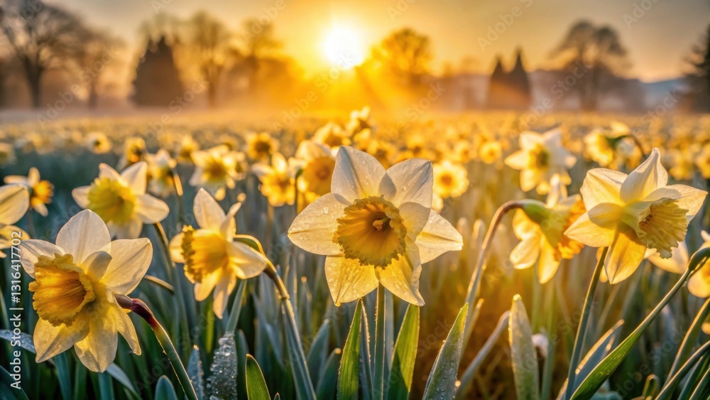 Obraz premium Golden Sunrise Over a Field of Daffodils in Springtime Beauty