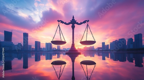 Scales of justice at sunset over city skyline reflecting in water. photo