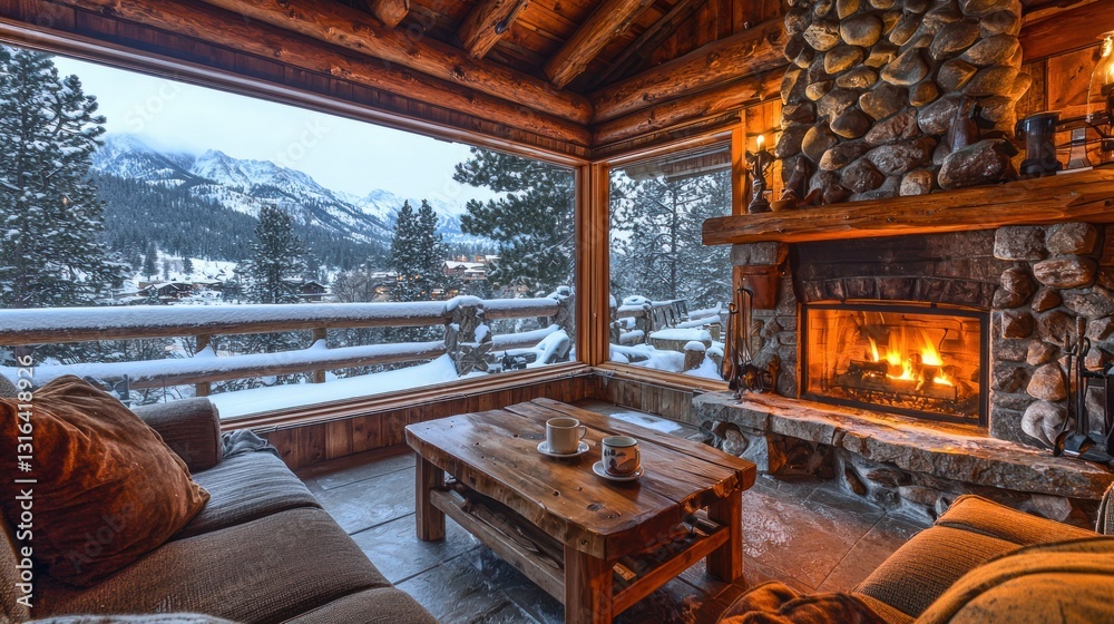Fototapeta premium Cozy winter cabin with fireplace and mountain view. Perfect for relaxation