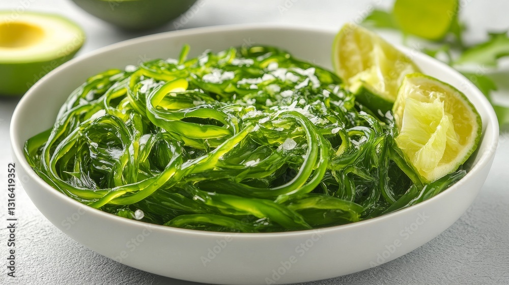 seaweed salad with creamy avocado slices and a tangy lime dressing served in a sleek seaweed salad with creamy avocado slices and a tangy lime dressing served in a sleek
