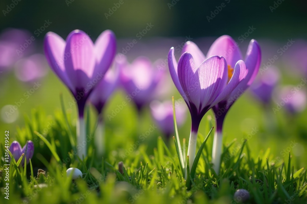 Purple crocus flowers in a field of green grass and wildflowers, blooming, crocus, nature Purple crocus flowers in a field of green grass and wildflowers, blooming, crocus, nature