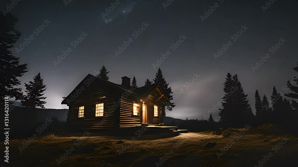 Illuminated Log Cabin in Snowy Forest at Night Illuminated Log Cabin in Snowy Forest at Night