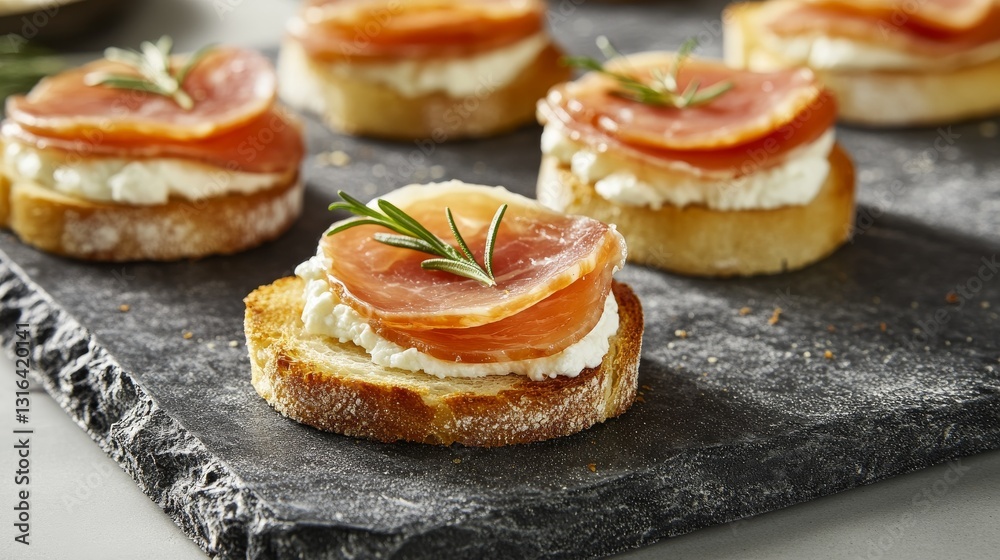 Delicate tapas with thin slices of jam and creamy goat cheese, elegantly placed on crispy slices of crusty bread Delicate tapas with thin slices of jam and creamy goat cheese, elegantly placed on crispy slices of crusty bread