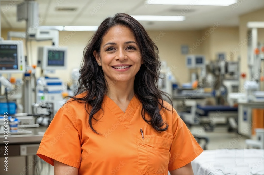 woman wearing professional orange scrubs, standing next to a machine and other medical objects woman wearing professional orange scrubs, standing next to a machine and other medical objects