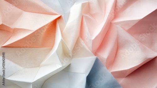 Subtle geometric abstraction with pastel-hued folds and diagonal striping details for a contemporary design.