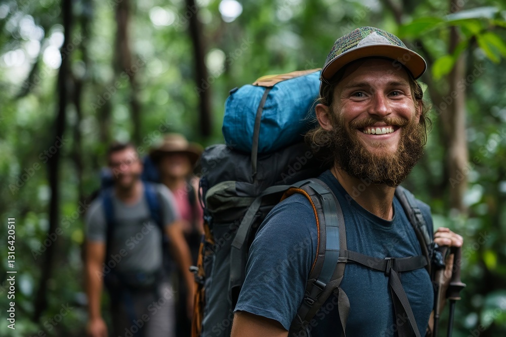 Obraz premium Happy backpacker and his friends hiking in forest