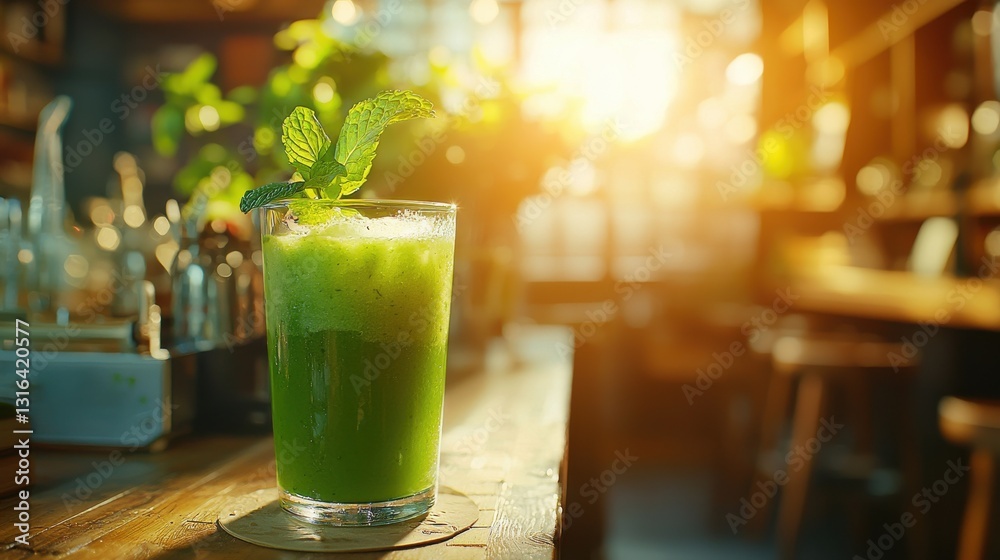Refreshing green juice with mint at a sunny outdoor cafe Refreshing green juice with mint at a sunny outdoor cafe