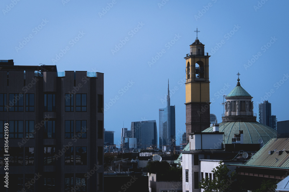 contrast between historic and modern architecture in the city skyline in Milano contrast between historic and modern architecture in the city skyline in Milano