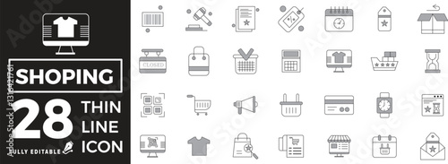 E-commerce and Shopping Icon Set: Online Store, Sale, Discount, Delivery, Payment, Mobile Shop, Digital Marketing, Gifts, Bank Card. Vector Illustration