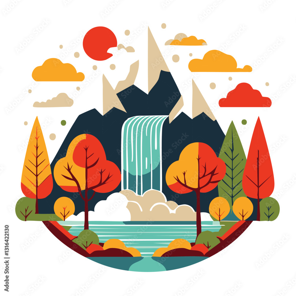 Fototapeta premium A vibrant vector illustration of a scenic mountain landscape featuring a cascading waterfall, lush autumn trees, and a clear blue sky.