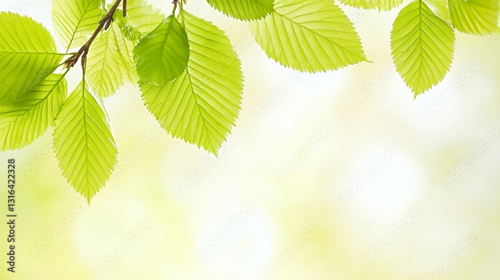 Bright Green Leaves on Branch Soft Light Background Bright Green Leaves on Branch Soft Light Background