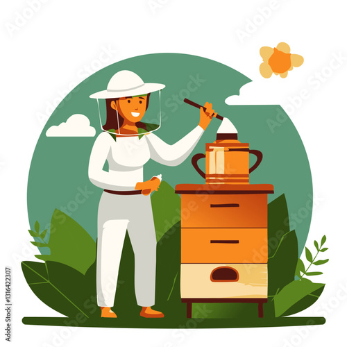 A modern vector illustration of a beekeeper in protective gear using a smoker near a wooden beehive, set in a lush outdoor environment.

