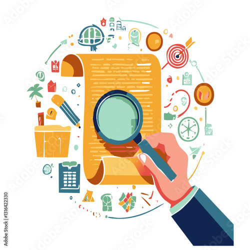 A detailed vector illustration of an aged scroll with handwritten text, examined through a magnifying glass, symbolizing investigation and discovery.

