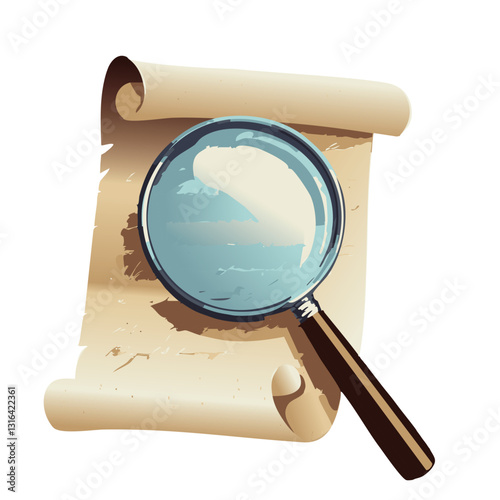 A detailed vector illustration of an aged scroll with handwritten text, examined through a magnifying glass, symbolizing investigation and discovery.


