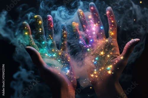 Hands filled with colorful sparkles and swirling smoke create an enchanting visual effect in a dark setting
