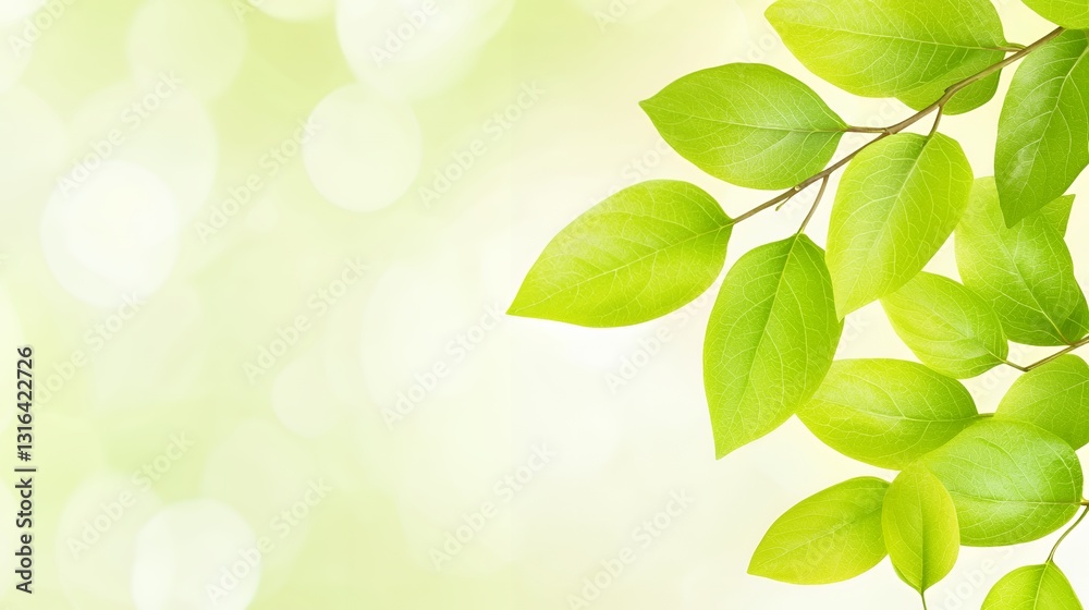 Bright Green Leaves on Branch Soft Light Background Bright Green Leaves on Branch Soft Light Background