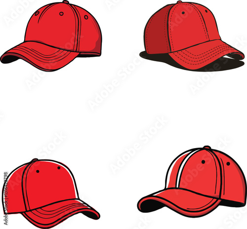 Red Baseball Cap Variations, Four Angles of Stylish Red Baseball Caps Set Collection