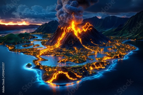 A volcano erupts, molten lava flowing down its slopes. Generative AI