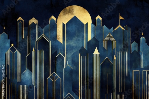 Abstract city illustration with golden geometric buildings and a blue sky