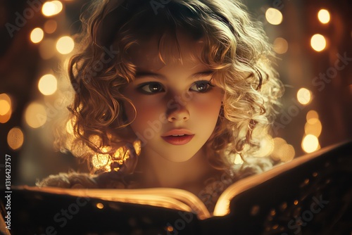 A focused young girl with blonde curls, completely engrossed in a picture book as warm ambient lights surround her.