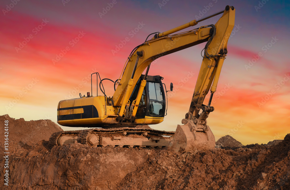 Large excavator working at construction site. Backhoe during earthworks on sand quarry. Earth-moving heavy equipment Large excavator working at construction site. Backhoe during earthworks on sand quarry. Earth-moving heavy equipment