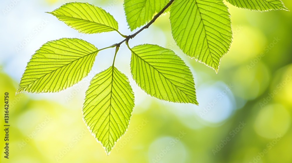 Bright Green Leaves on Branch with Soft Bokeh Background Bright Green Leaves on Branch with Soft Bokeh Background