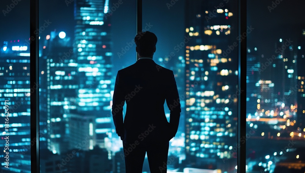 Man in Suit Standing with Back to Camera, Gazing Out Office Window at Night Overlooking City Buildings, Silhouette Style, High-Rise Building Background, Man in Suit Standing with Back to Camera, Gazing Out Office Window at Night Overlooking City Buildings, Silhouette Style, High-Rise Building Background,