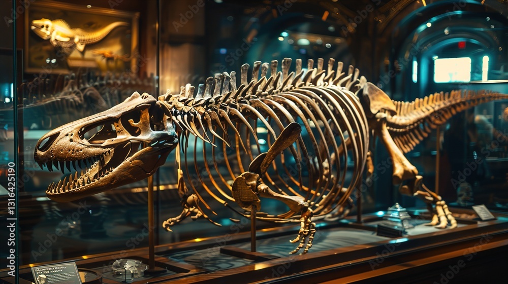 A museum exhibit featuring a detailed skeleton of a prehistoric sea creature, mounted for display.