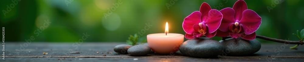 Softly glowing candle on ancient therapy stones beside a serene branch red orchid, flowers, greenery Softly glowing candle on ancient therapy stones beside a serene branch red orchid, flowers, greenery