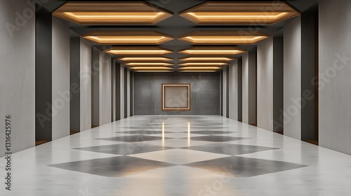 Modern 3D Render: Geometric Hallway with Warm Lighting AI Generated