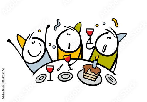 Joyful guests came to the party, sit at the table and congratulate the birthday boy. Vector illustration of a birthday and a cake with candles. Funny doodle cartoon isolated on white background.